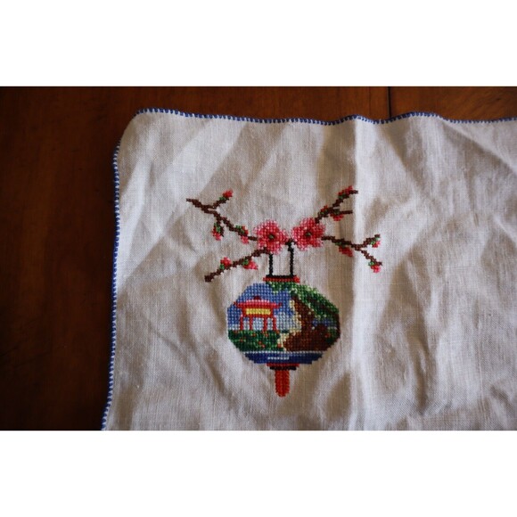 Vtg Cross Stitch Placemats Or Napkins Japanese Cherry Blossom Building 18x12" - Picture 13 of 16